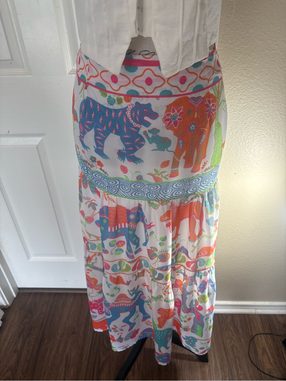 Gretchen Scott Designs Pink and Turquoise Elephant Print Maxi Skirt